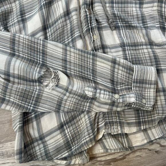 American Eagle Plaid Cropped Flannel Hoodie Jacket Gray Blue Grunge L - Picture 3 of 6